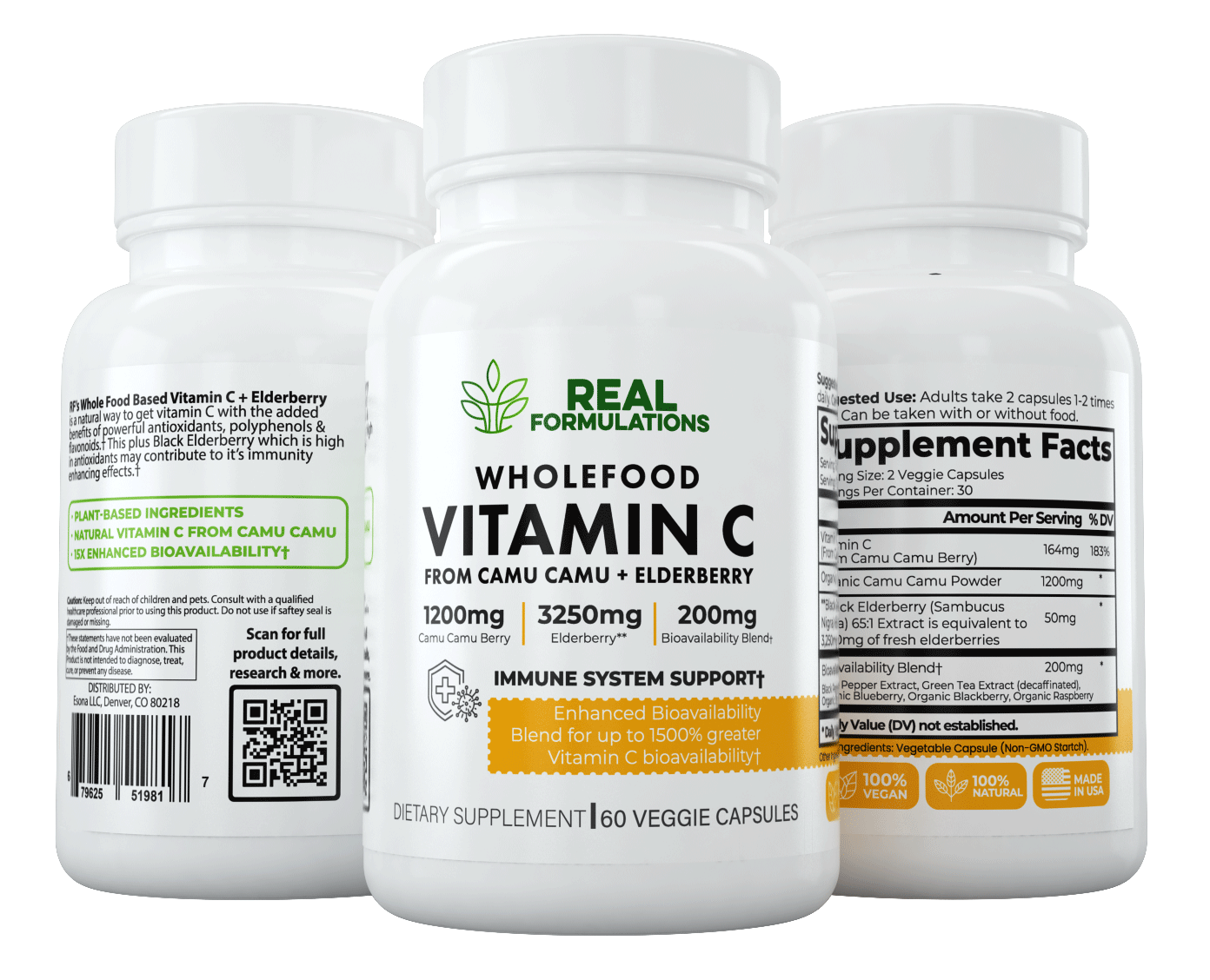 Real Formulations Wholefood Vitamin C. A blend of Camu Camu Berry, Black Elderberry Extract, Black Pepper Extract, Green Tea Extract (Caffeine-free), Organic blueberry, Organic Blackberry & Organic Raspberry.